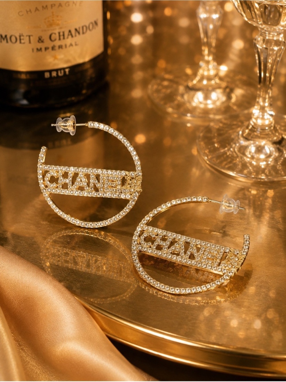 Gold Crystal CC Logo Hoop Earrings - Picture 3 of 8
